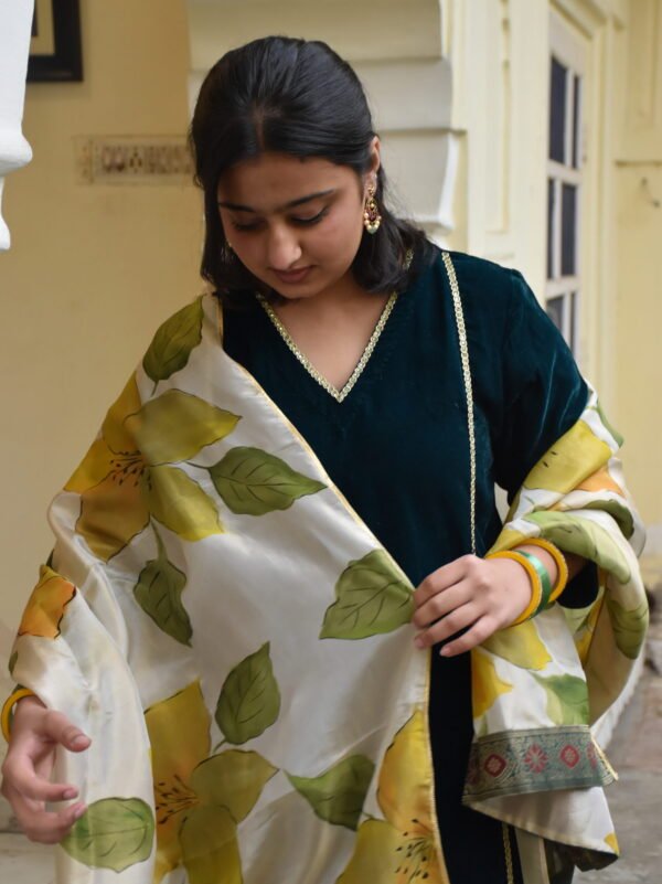 Bottle Green with Golden yellow Velvet Kurta Set,  Painted Dupatta