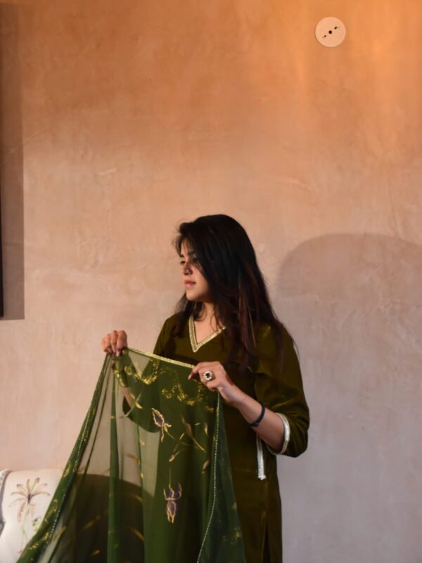 Verdant Velvet Kurta Set, Painted Dupatta