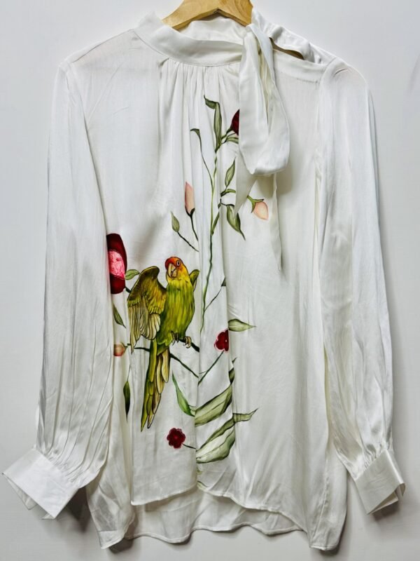 Parrot Satin Shirt with Pomegranate Florals & Designer Tie Neck