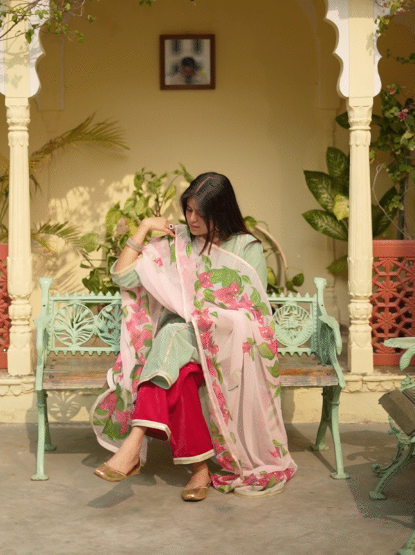 Mint green with Hot pink Velvet Kurta Set, Painted Dupatta