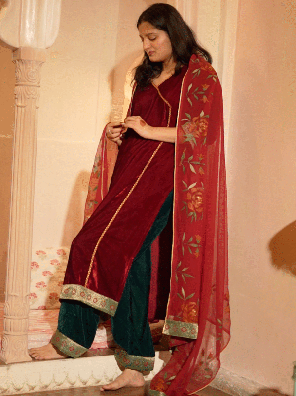 Crimson with Bottle Green Velvet Kurta Set,  Painted Dupatta