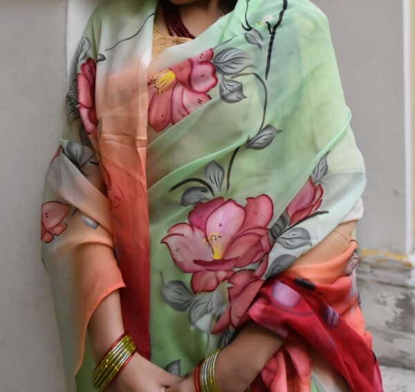 Blush Garden Hand-Painted Double Diamond Chiffon Saree