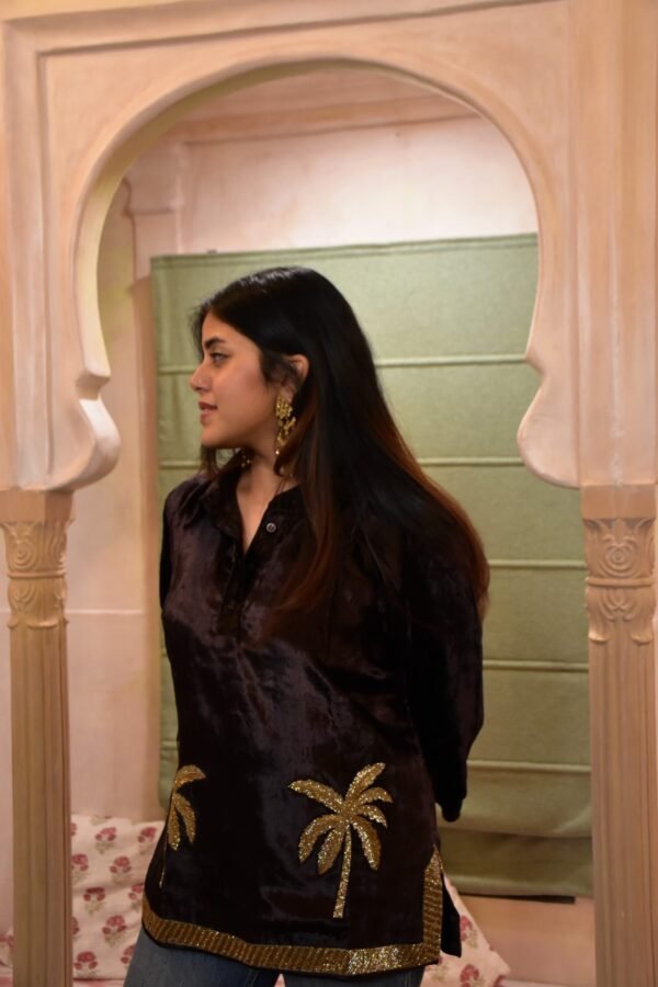Midnight Palm – Velvet Hand-Embroidered Statement Shirt