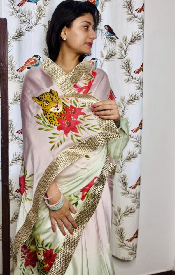 Mint Élan Leopard– Hand-Painted Satin Saree