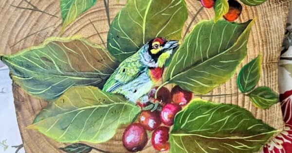 Forest Symphony – Hand-Painted Bird & Berry Art on Sheesham Wood Plank
